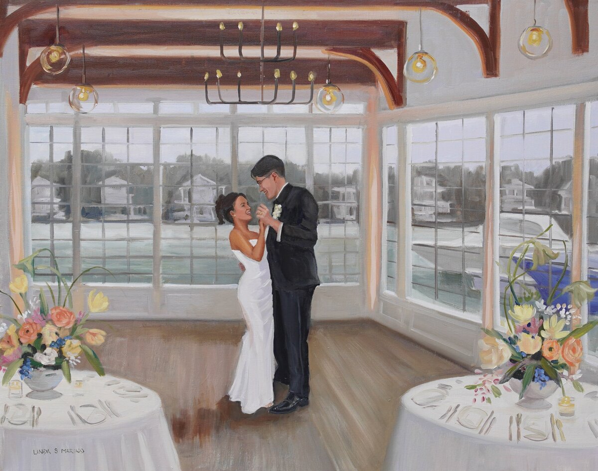 live wedding painting of bride and groom's first dance painted by linda Marino live painter at zwynchmere beach club Cape Cod Harwich Port, MA