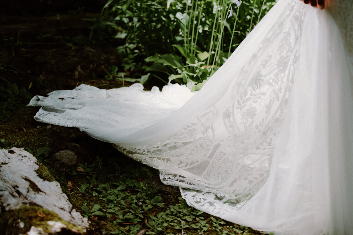 wedding dress in greenery on film