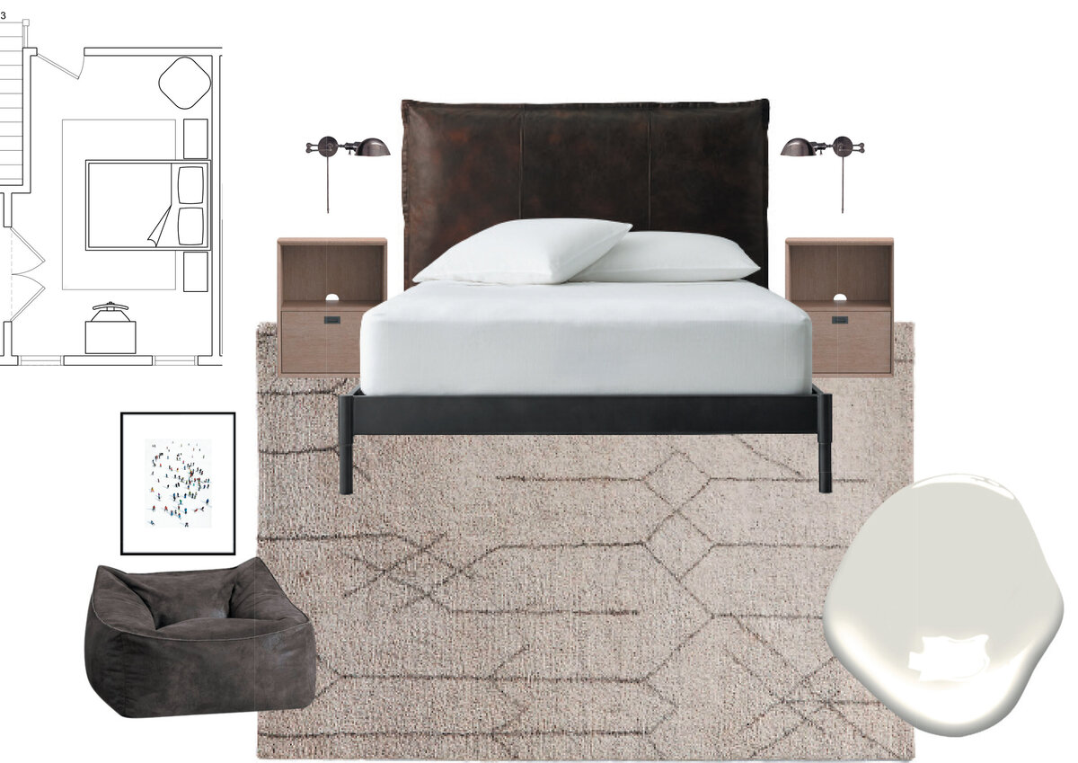 Interior Design Schematic Design Presentation  with floor plan, leather upholstered bed and modern details