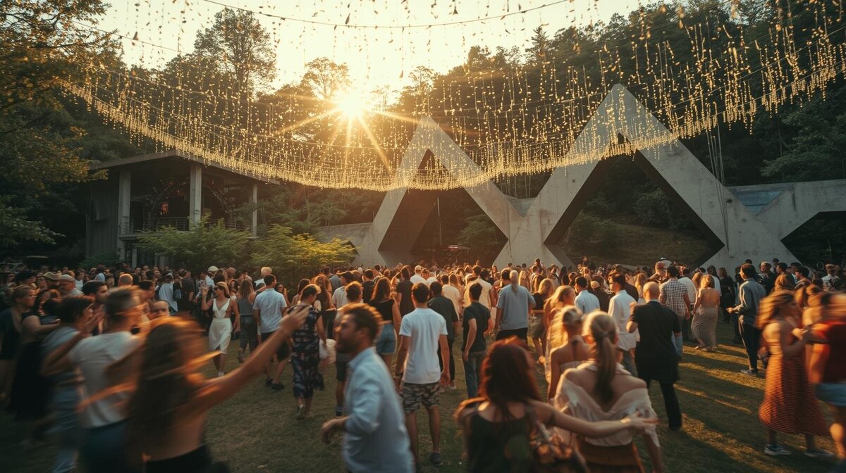 Boutique outdoor music festival during golden hour, lush greenery and forest backdrop, brutalist-inspired staging and art installations, crowd dancing under fairy lights, couples swaying to live music (1)