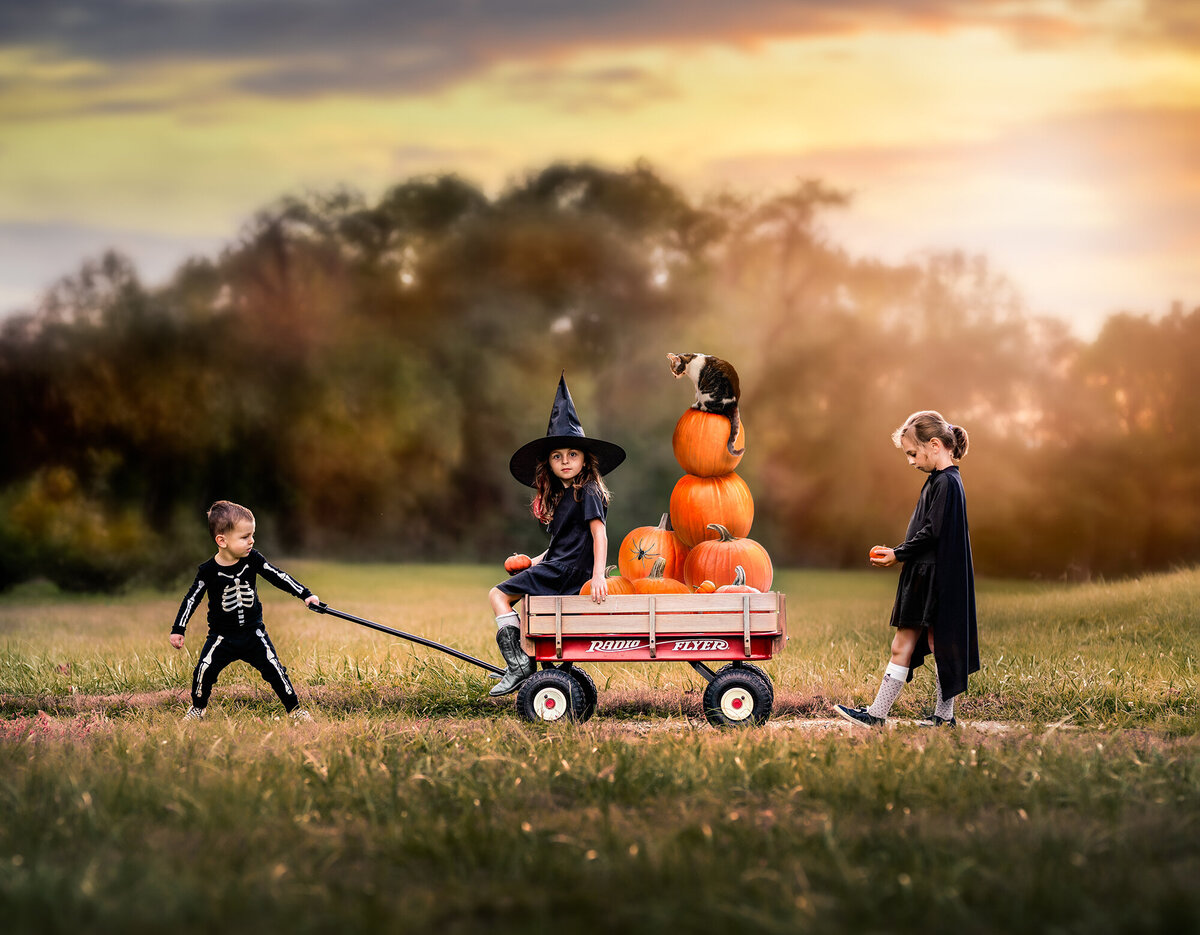 A little boy dressed as a skeleton pulls his sister in a wagon full of pumpkins at a park near Asheville