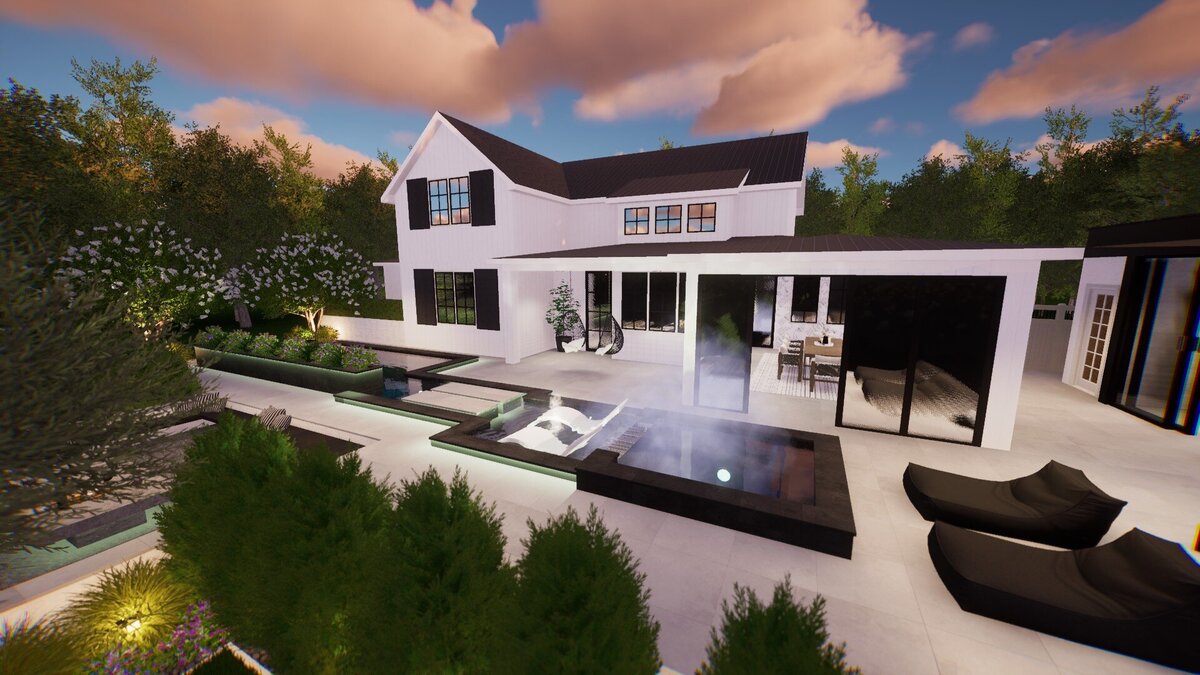 Modern farmhouse backyard with pool custom fit to set backs. This stunning design also included an ADU with a kitchen and entertainment area.