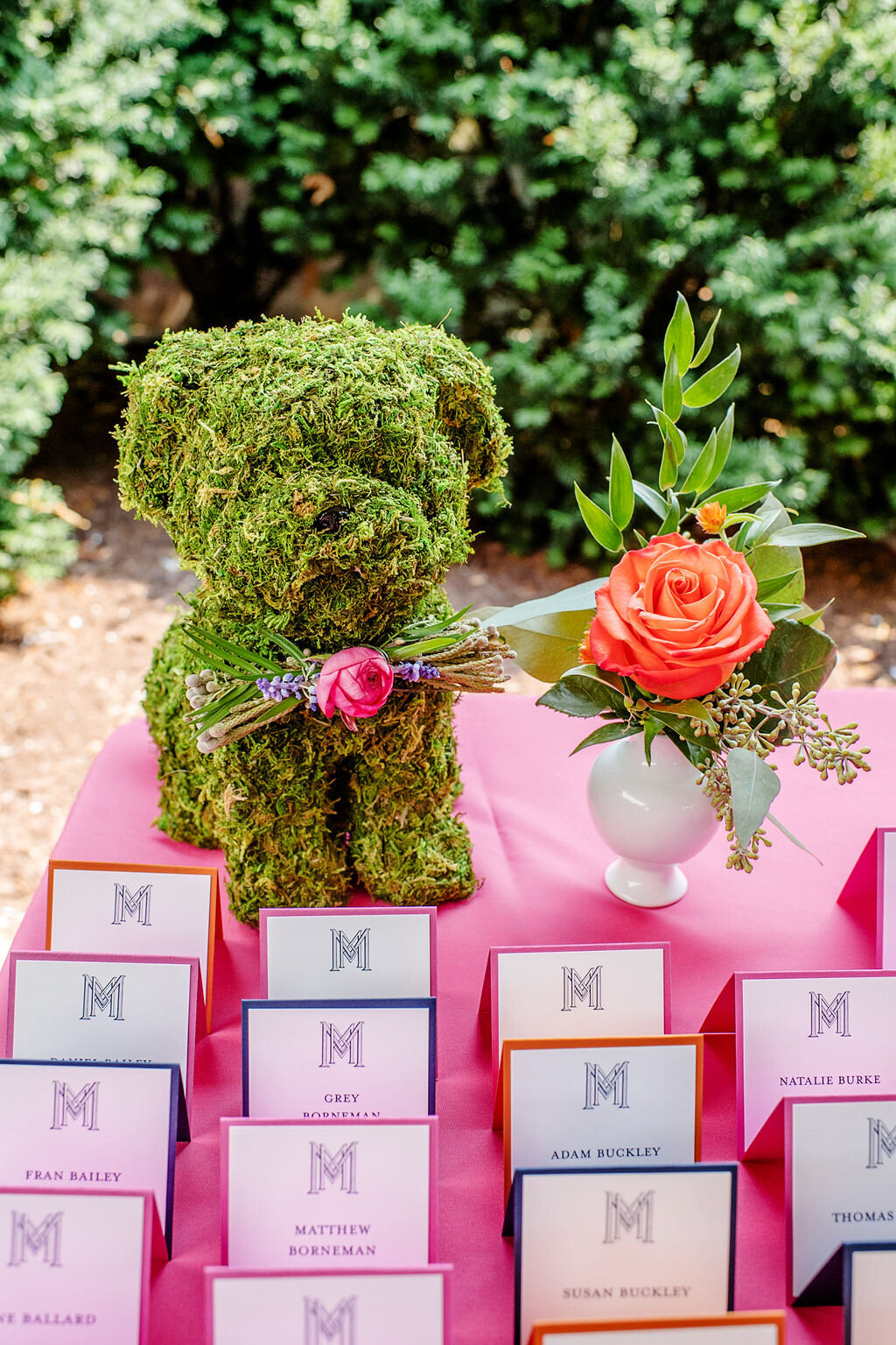 Escort card table for wedding at Camargo Club with custom topiary