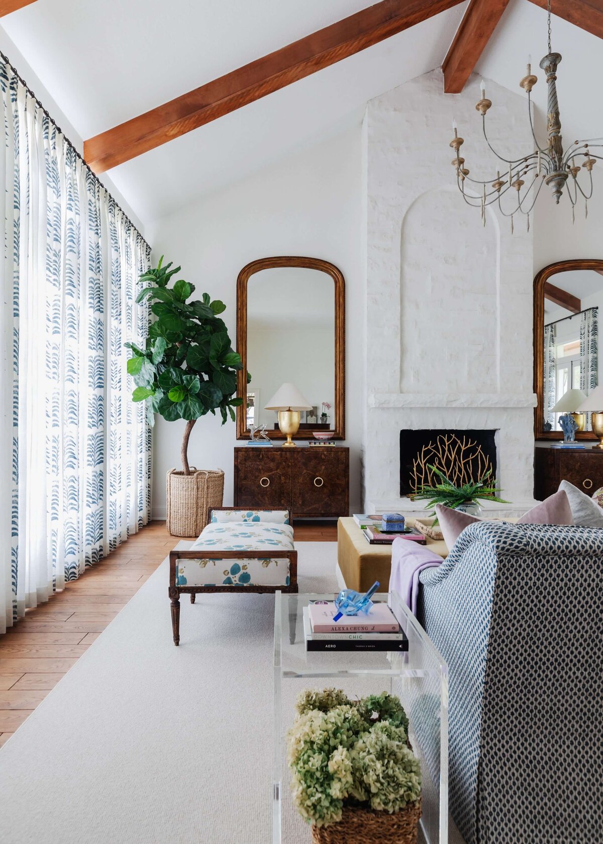 oyster creek studios home on the range valuted ceiling with large plant and accent mirror in living room