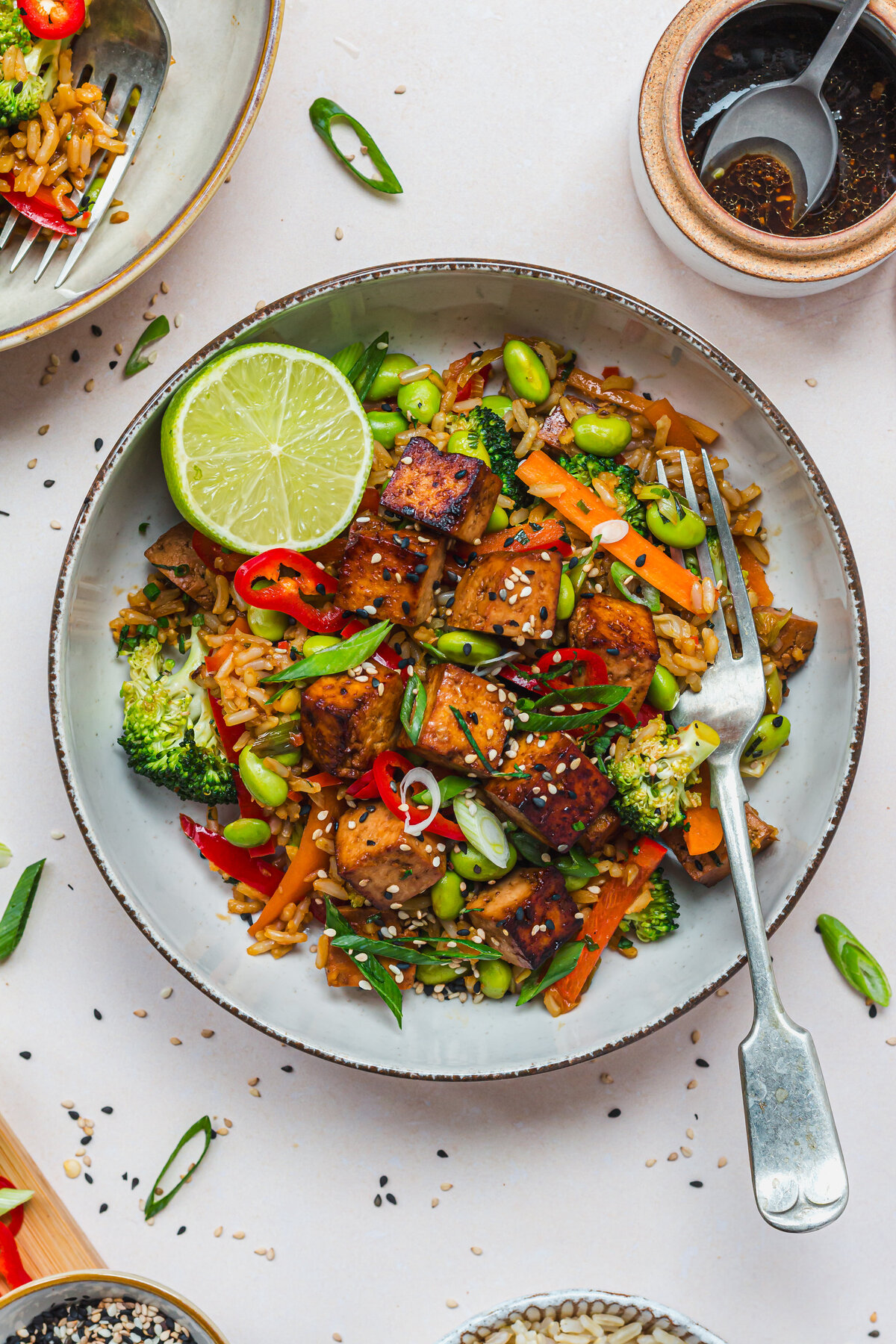 Veggie Edamame Fried Rice with Sticky Tofu