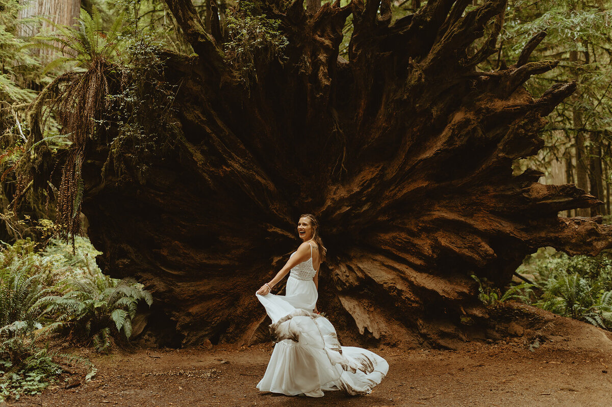 bride dancing in front of tree roots