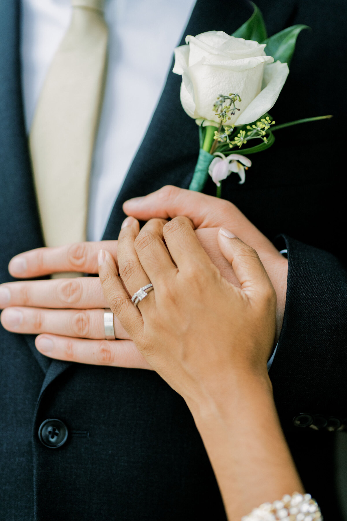 Hand of bride and groom wearing their wedding bands