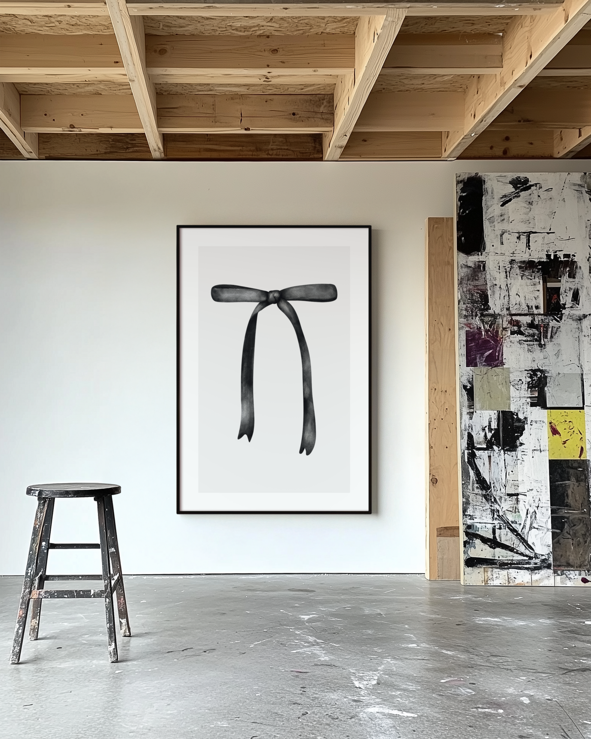 A minimalist gallery space by Sweet Pea Ink Creative, featuring a stool and a large framed artwork of a black ribbon on a white wall; exposed wood beams and an abstract painting complete this refined brand design setting.