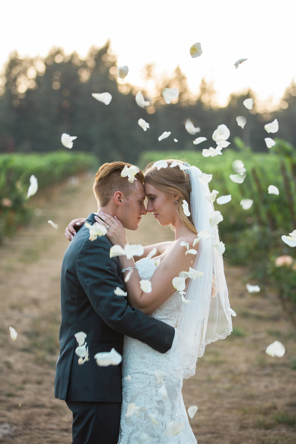 romantic couple at zenith vineyard during golden hour with tossed flower petals
