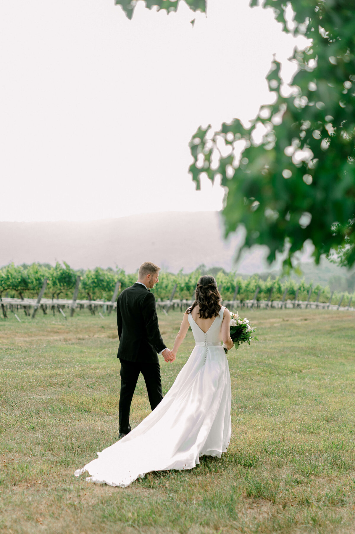 couple walking away from camera in a Northern Virginia  vineyard