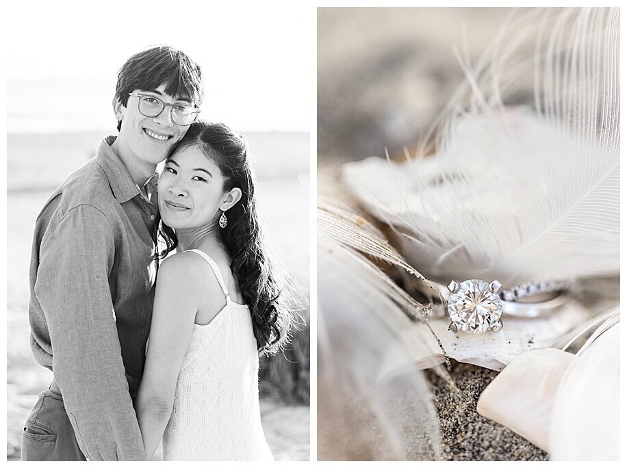 engaged couple hugging and engagement ring