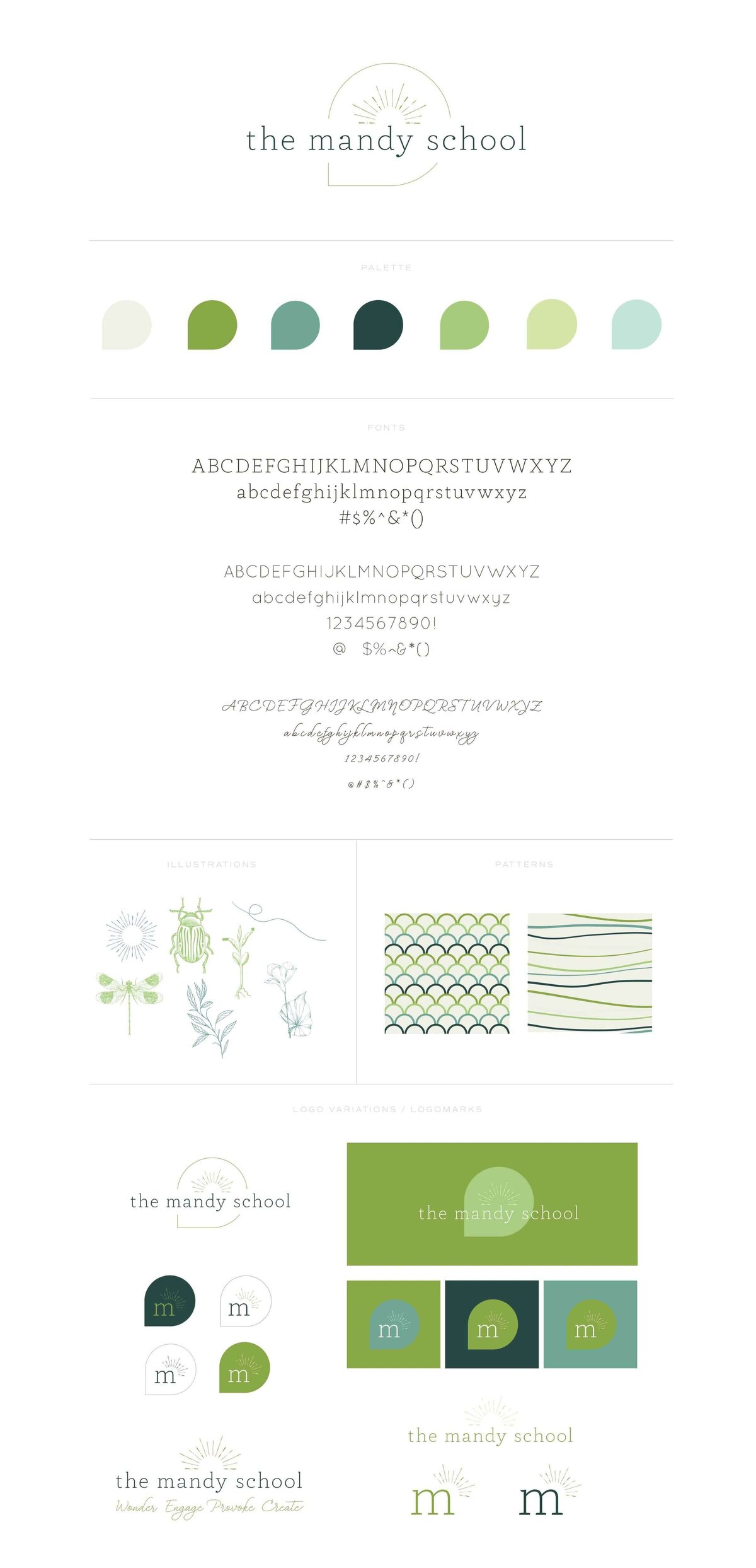 The Mandy School Branding green and blue colour palette, fonts, abstract patterns and logo variations