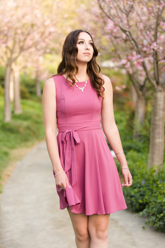 Senior girl in pink dress in Japanese Friendship Garden San Diego