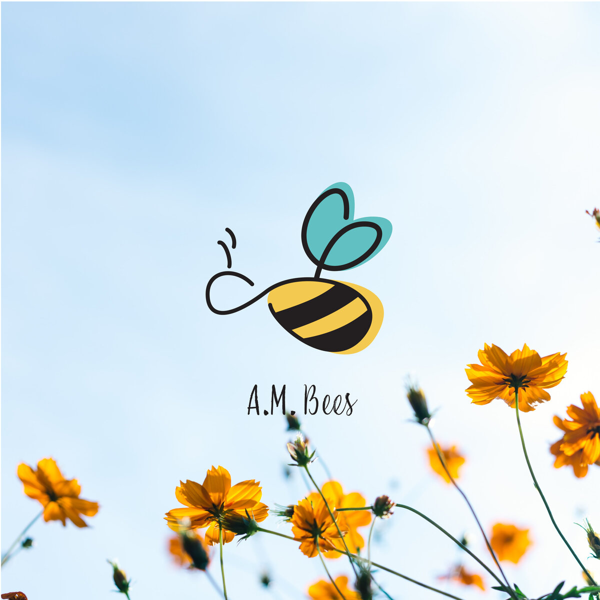 AM Bees logo created by Ayanna Richilano Designs sitting on top of an image of flowers with a blue sky. The logo is a stylized bee in with offset warm tones of yellow for the body and a turquoise for the wings with a stylized handwritten typeface style.