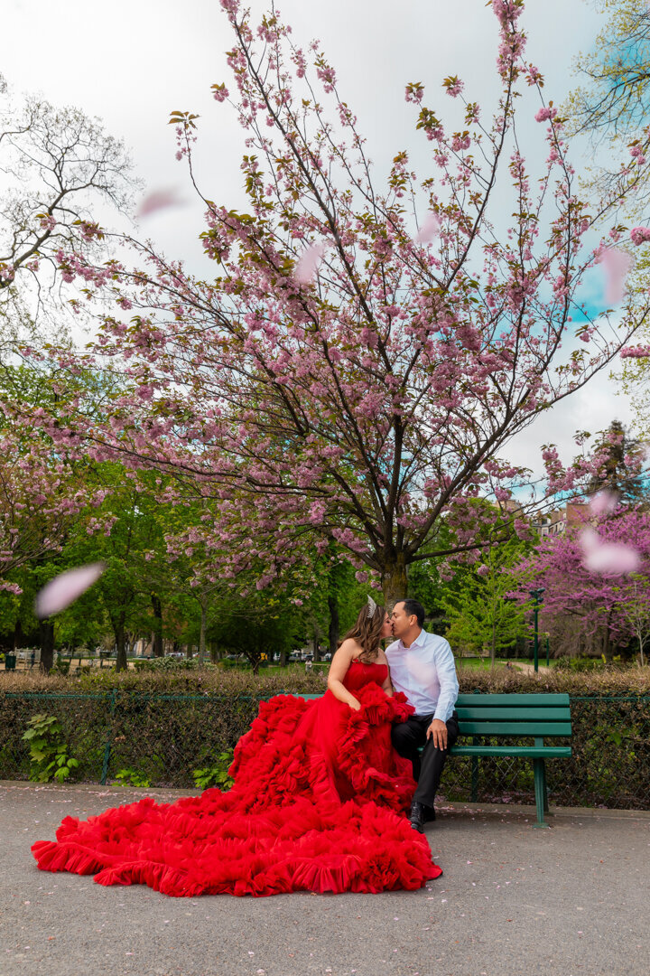 Spring cherry blossom couple photo, red princess dress, Paris bench portrait