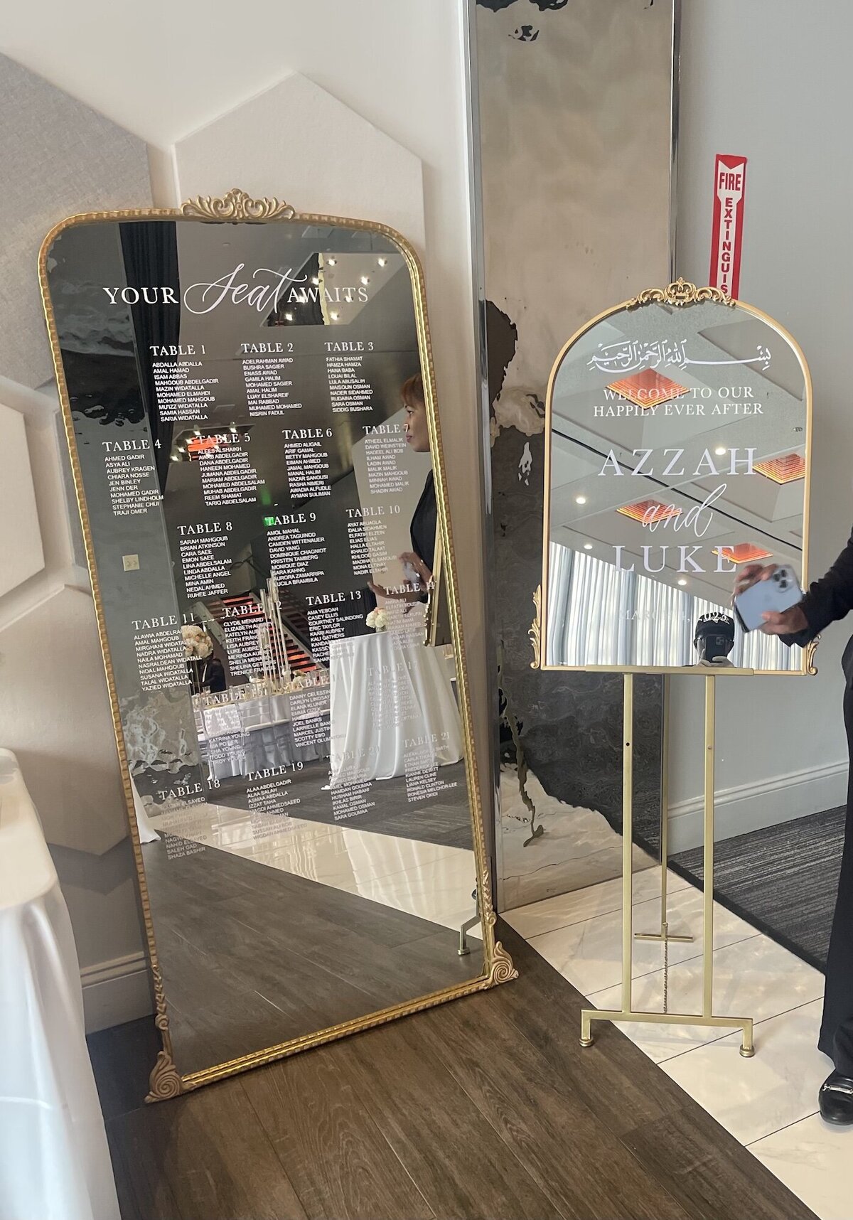 Full length arched mirror and smaller arched mirror rental for a wedding seating chart and welcome sign in the Bay Area