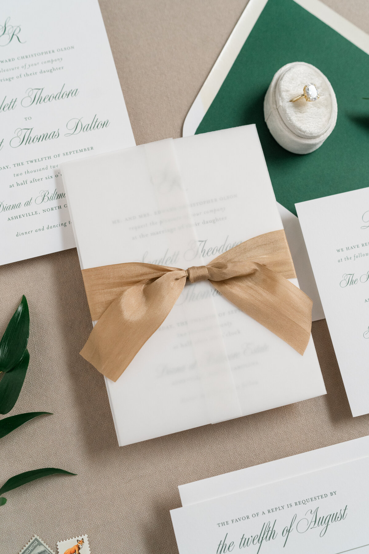 Classic Green Semi-Custom Wedding Invitation with Vellum and Gold Silk Ribbon