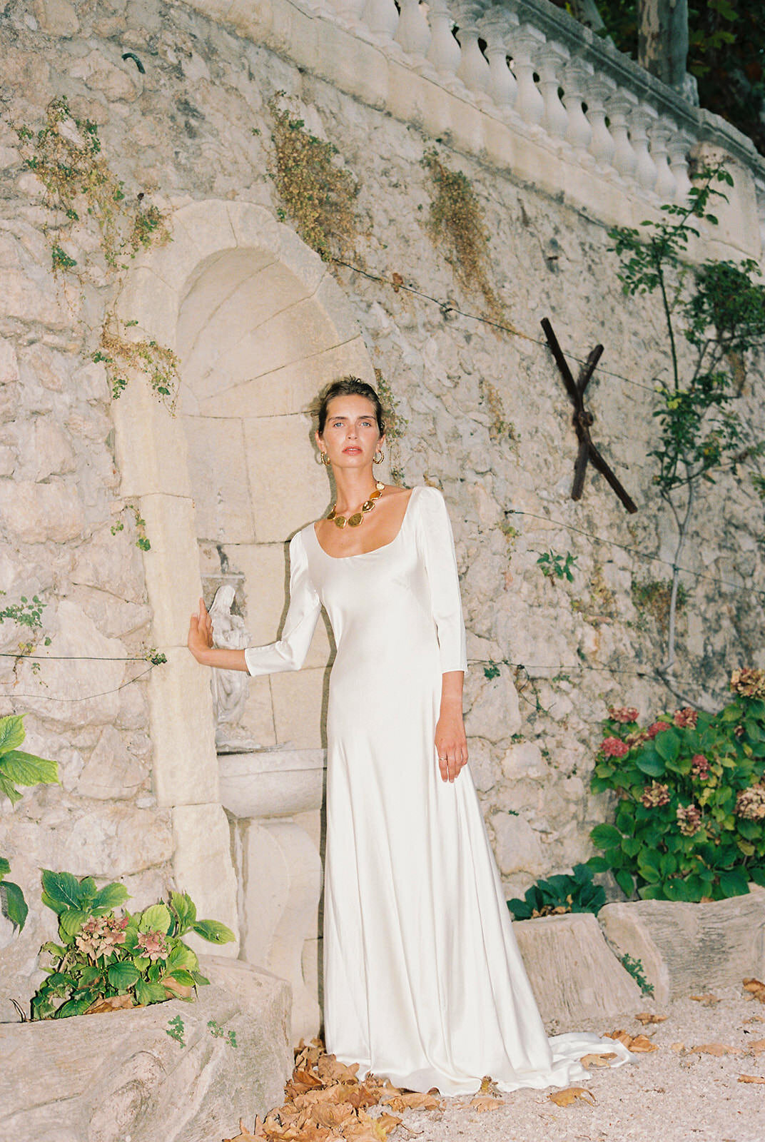Silk wedding dress with long sleeves, modern elegant bridal gown by British designer Luna Bea