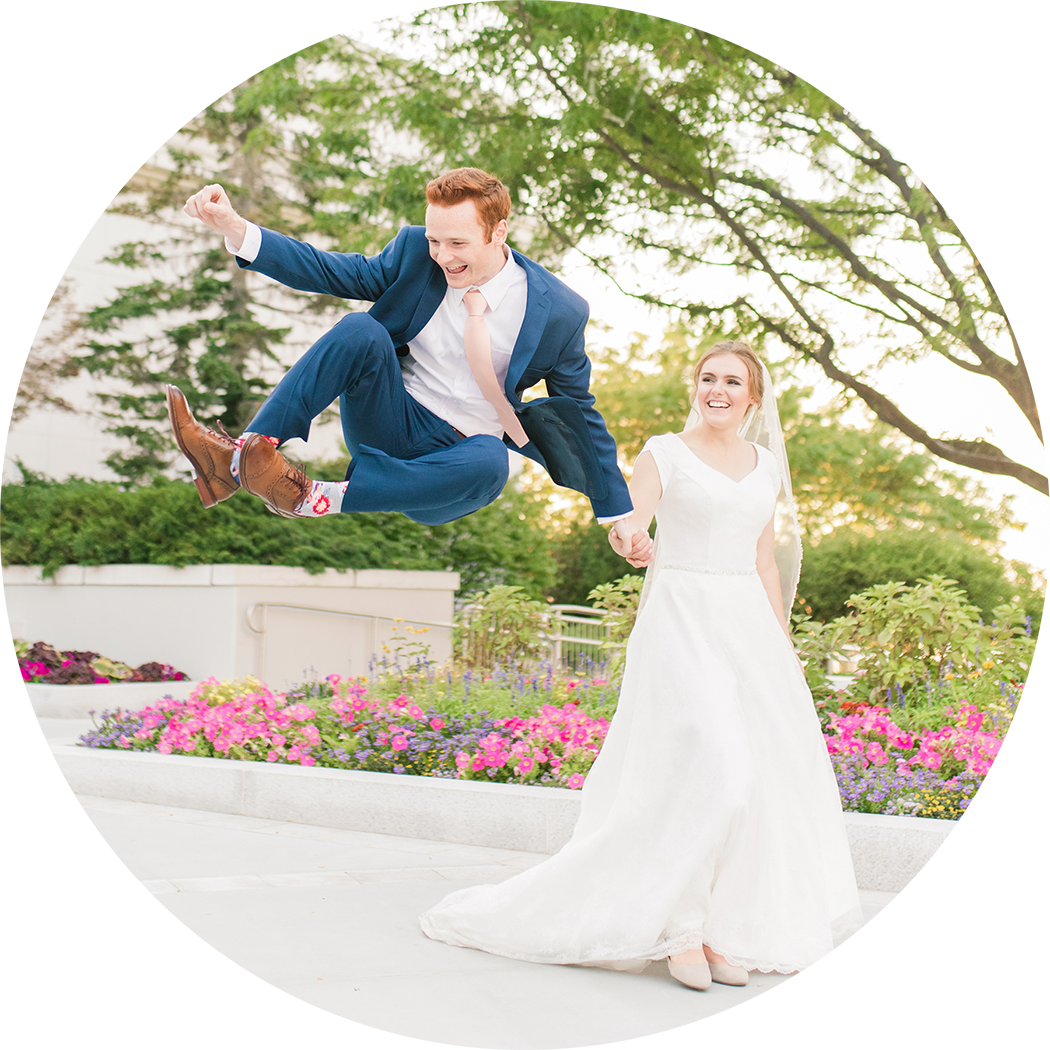 bride and groom doing heel click at the bountiful temple