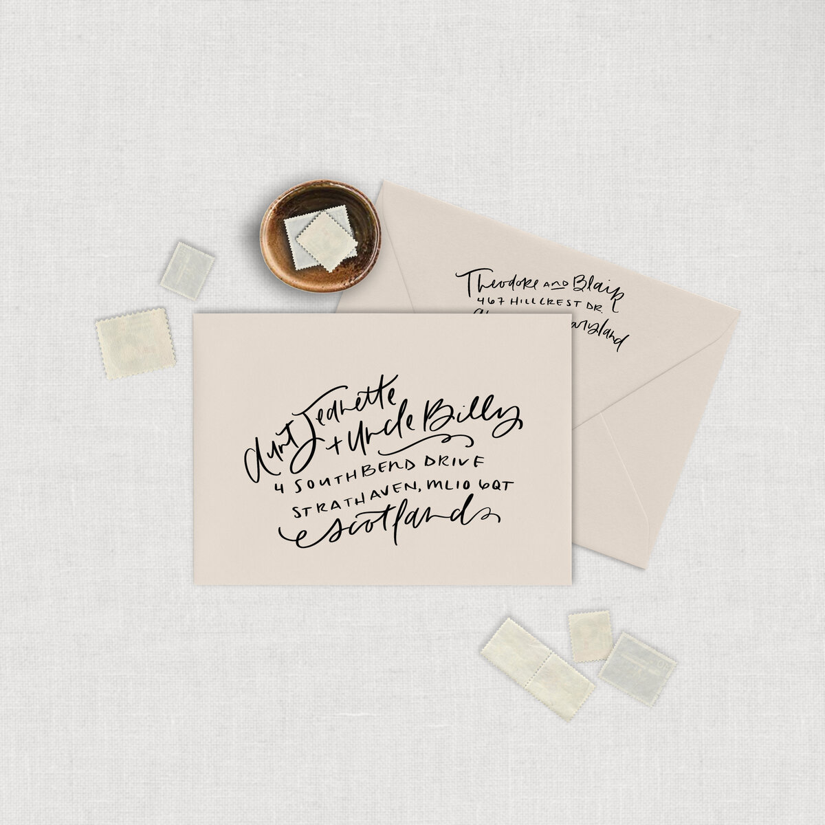 Handwritten calligraphy wedding invitation envelope.