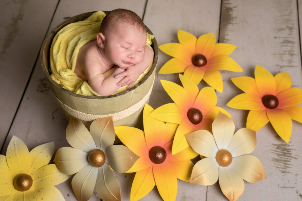 Newborn baby girl in a bucket with flowers design by Mardi Gras customs.  The carnival flowers are shades of yellow and gold.  The baby is resting on her arms and covered in a yellow wrap.  She is asleep.