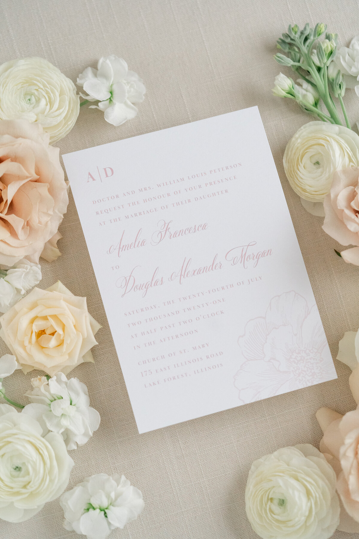 Dusty Rose  Semi-Custom Wedding Invitation with Peony and Script