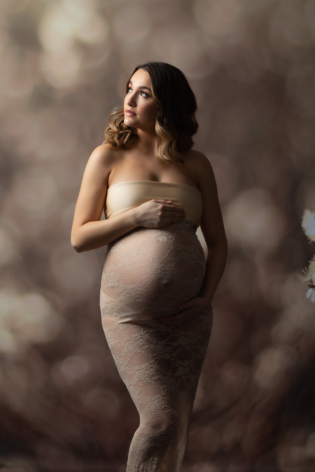 Beautifully lit expecting mother wearing a fitted lace gown looking away from the camera towards the soft light.