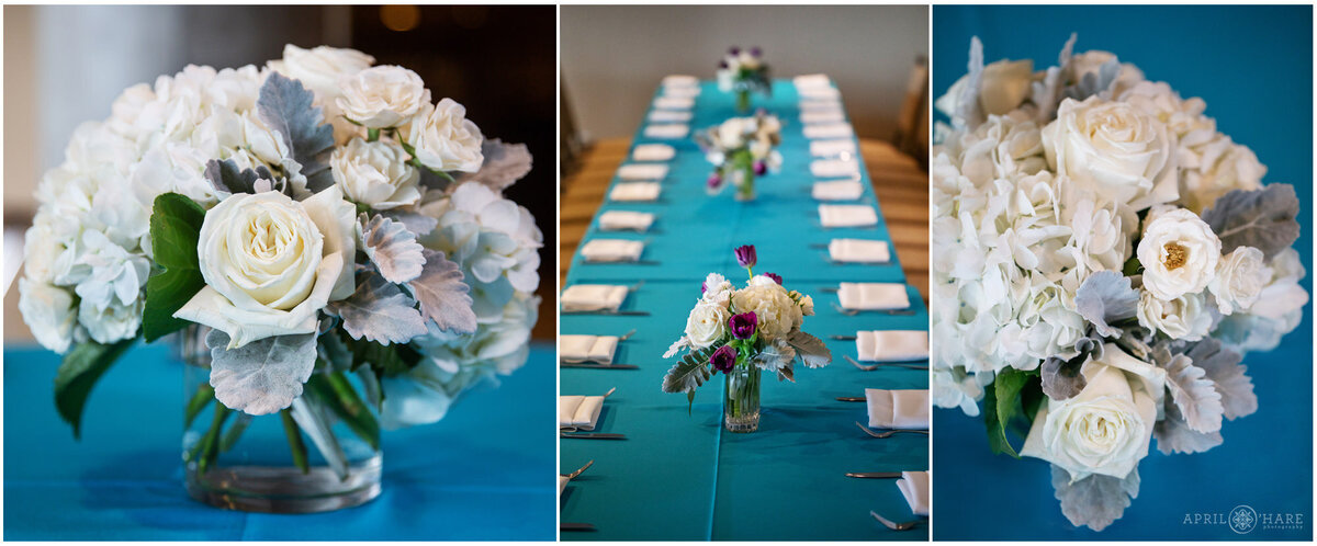 Teal & White Bat Mitzvah Party Decor with White Florals