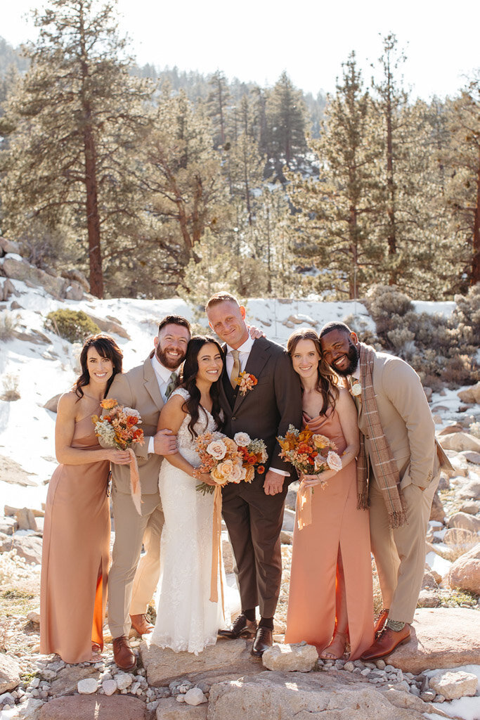 Wedding party at winter wedding blush and gold