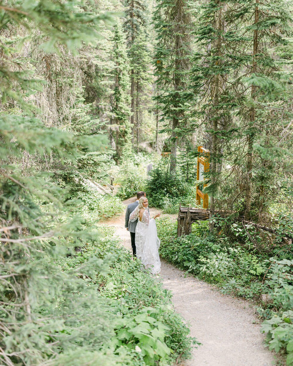 This enchanting photograph captures the bride and groom walking hand in hand through the deep woods of Yoho National Park, surrounded by tall, lush green trees near Emerald Lake Lodge. The serene and natural beauty of the forest enhances the intimacy and romance of their wedding day.