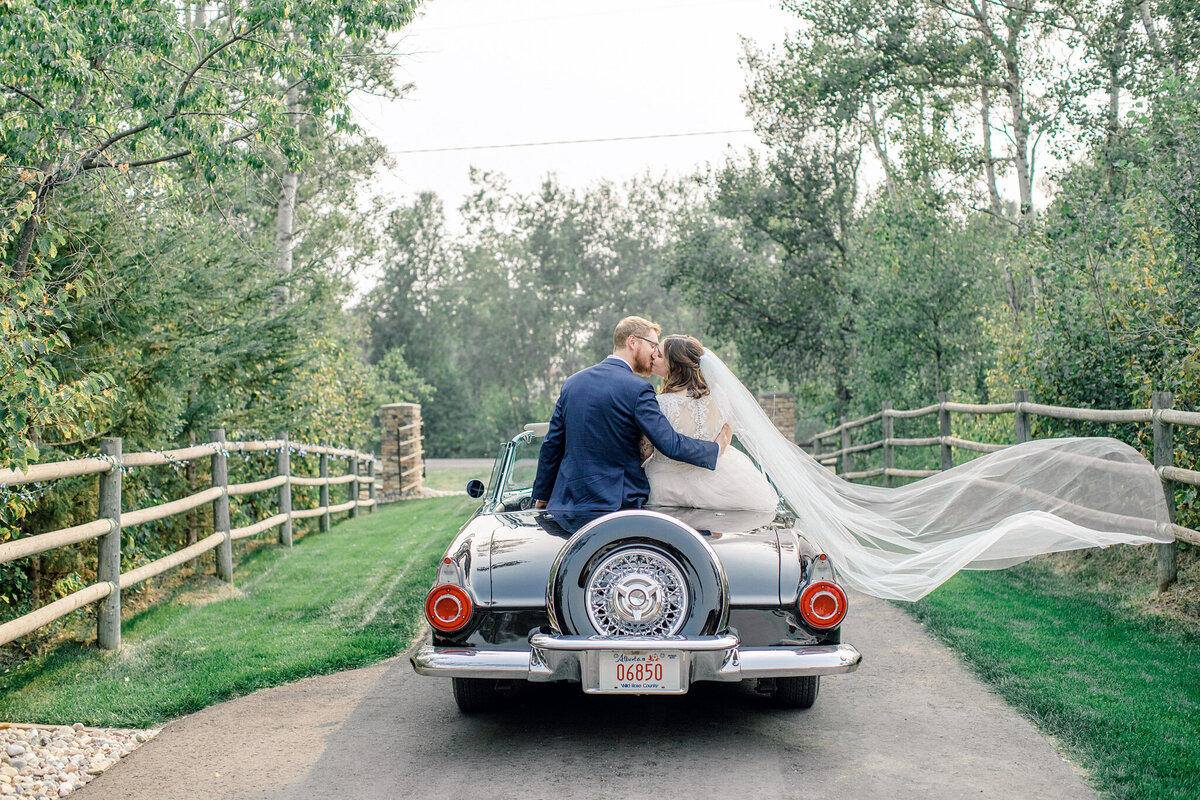 Bride and groom sitting on the back of a classic vintage car, brides veil blowing in the wind, captured by Sweetlight Photography, fine art and romantic wedding photographer in Central Alberta. Featured on the Bronte Bride Vendor Guide.