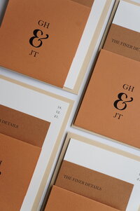 fallback shared on Invalid Date | Terracotta and brown layered wedding invitation suite with couples initials and ampersan...