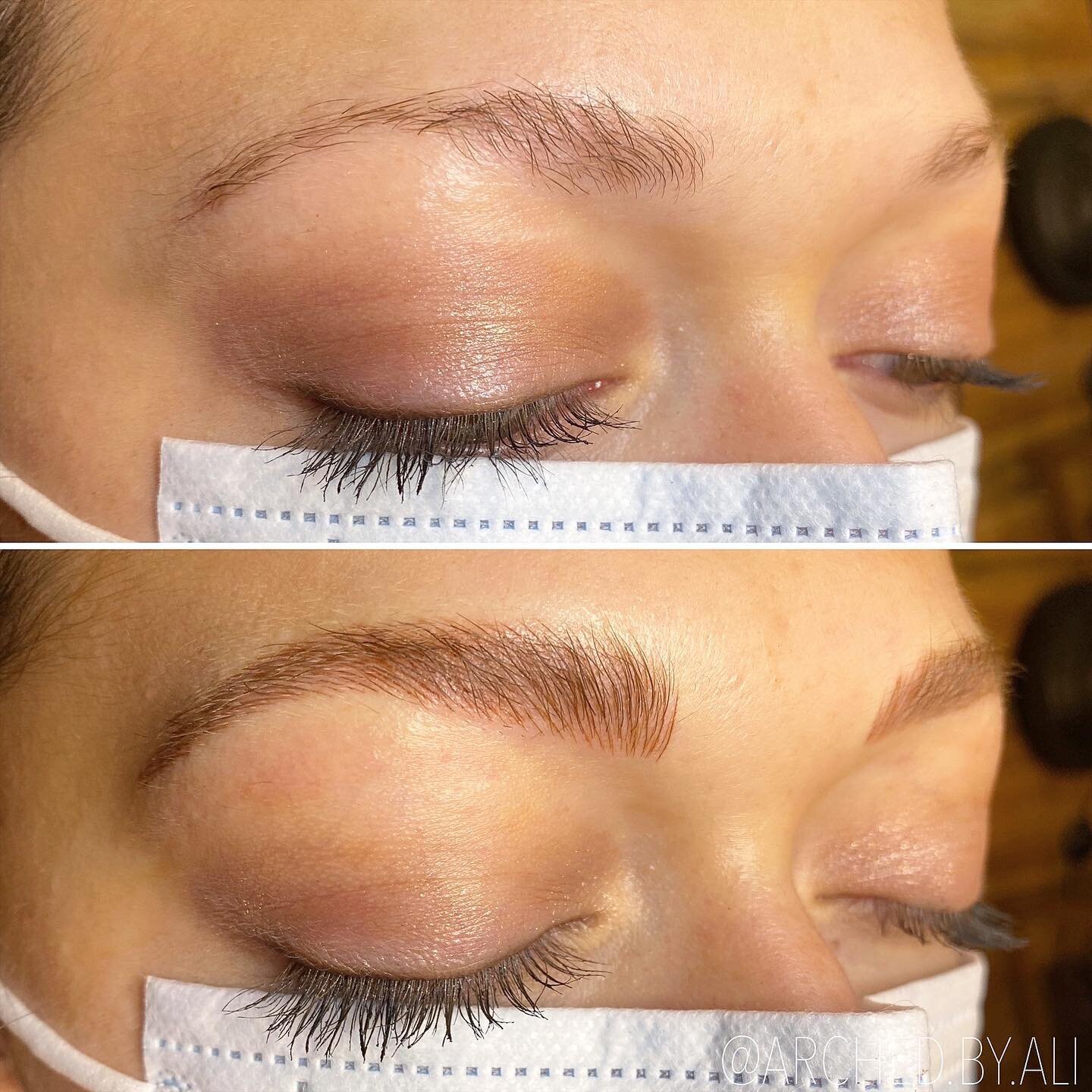 Female enhanced eyebrows that look naturally fluffy, through nicroblading services at ARCHED Coastal in Gulf Shores, Alabama.