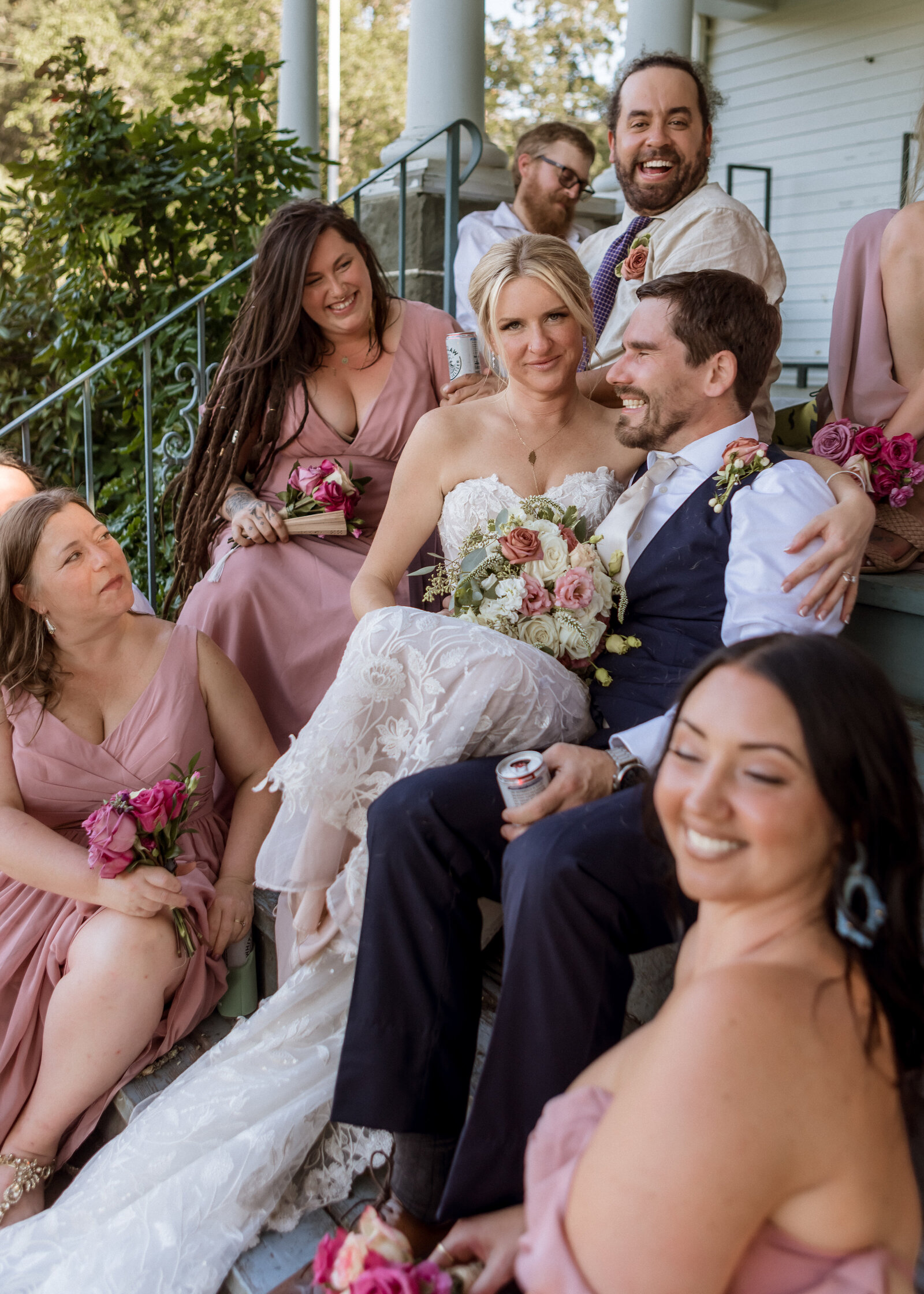 Candid bridal party moments after wedding at The Crag Rat Hut in Hood River, Oregon.