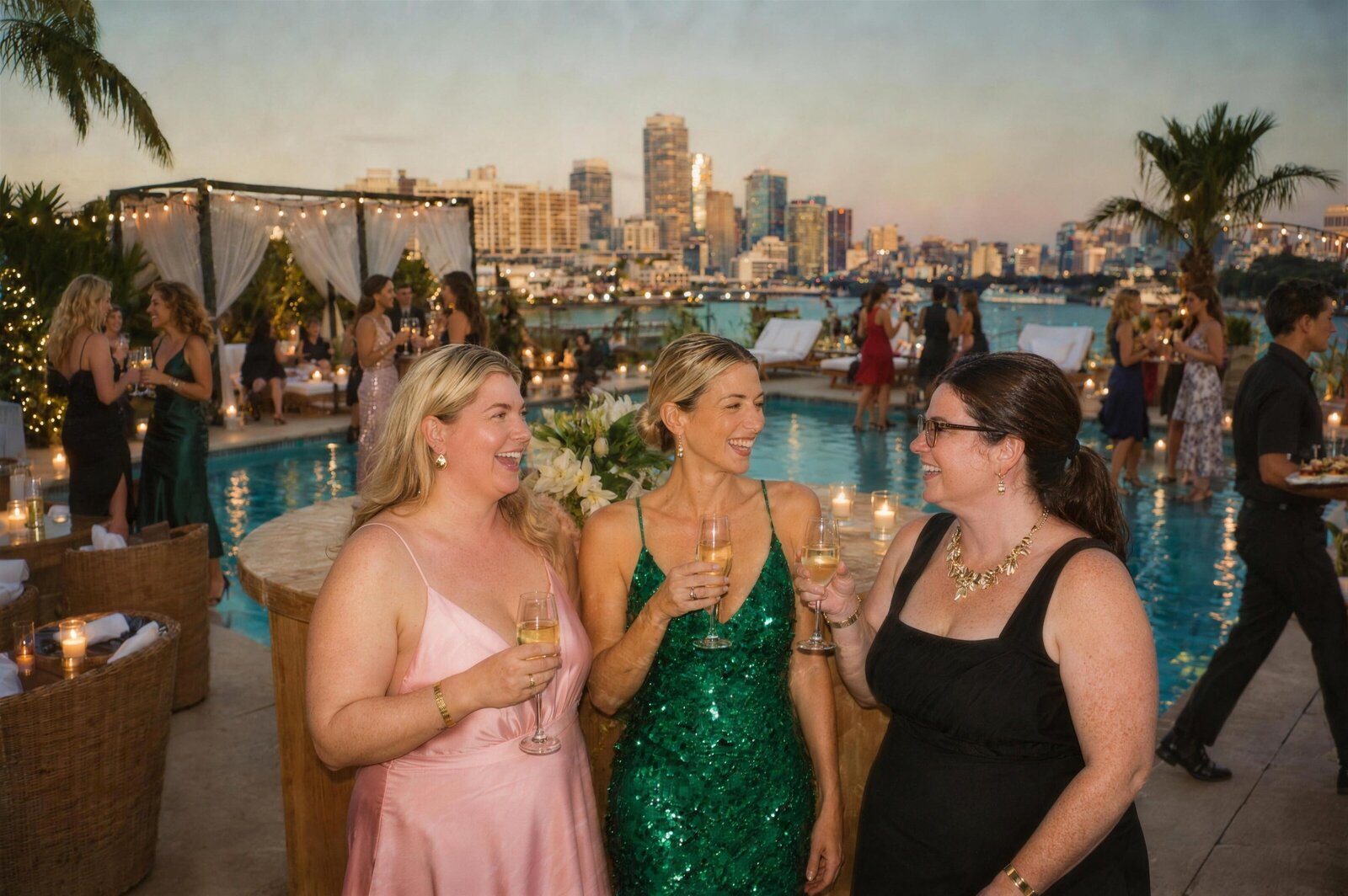 Renee laughing and clinking champagne glasses with two mums at a five-star rooftop pool bar in Brisbane at dusk, with other guests behind them