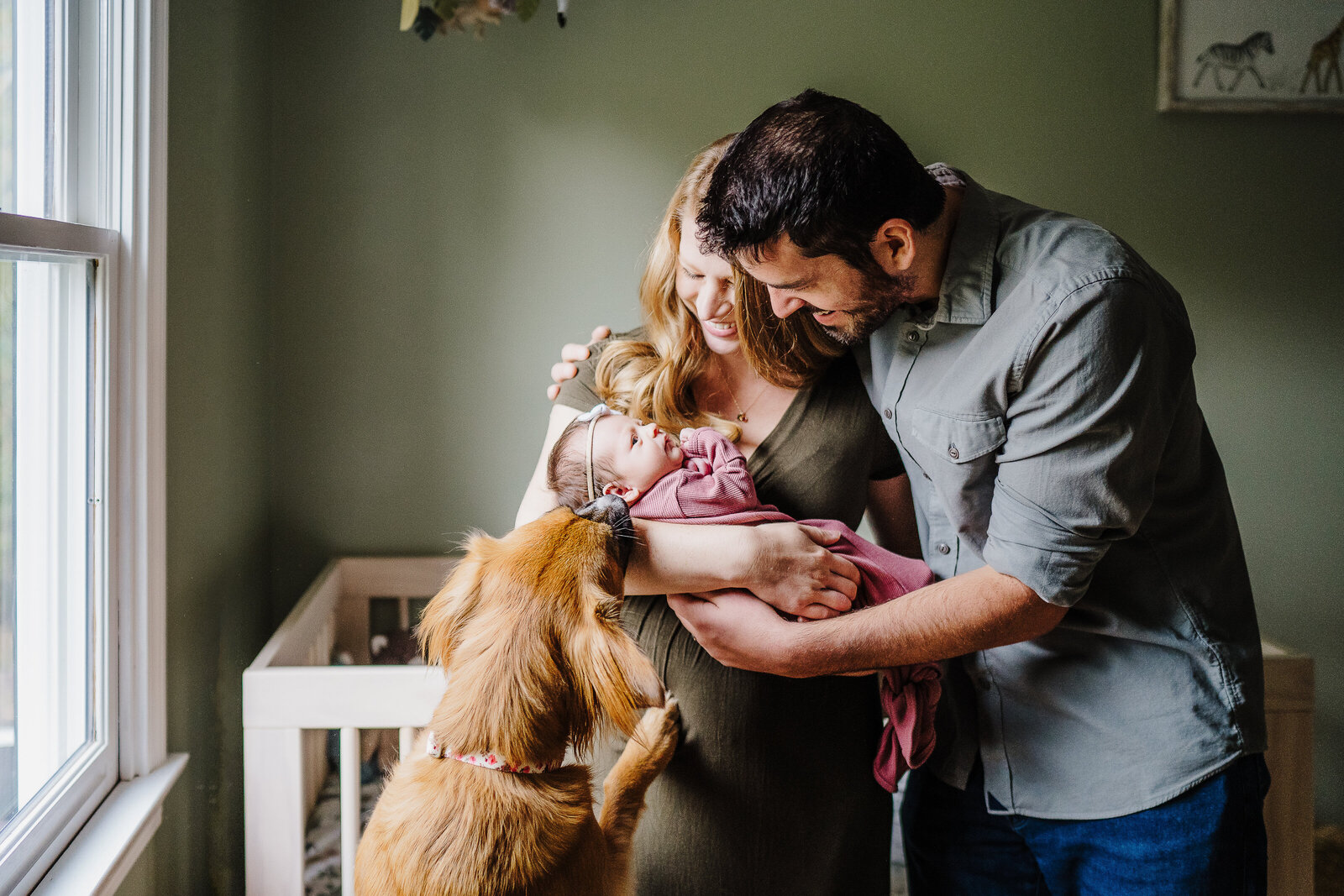 mom, dad, and dog look at baby in nursery during newborn photos in framingham