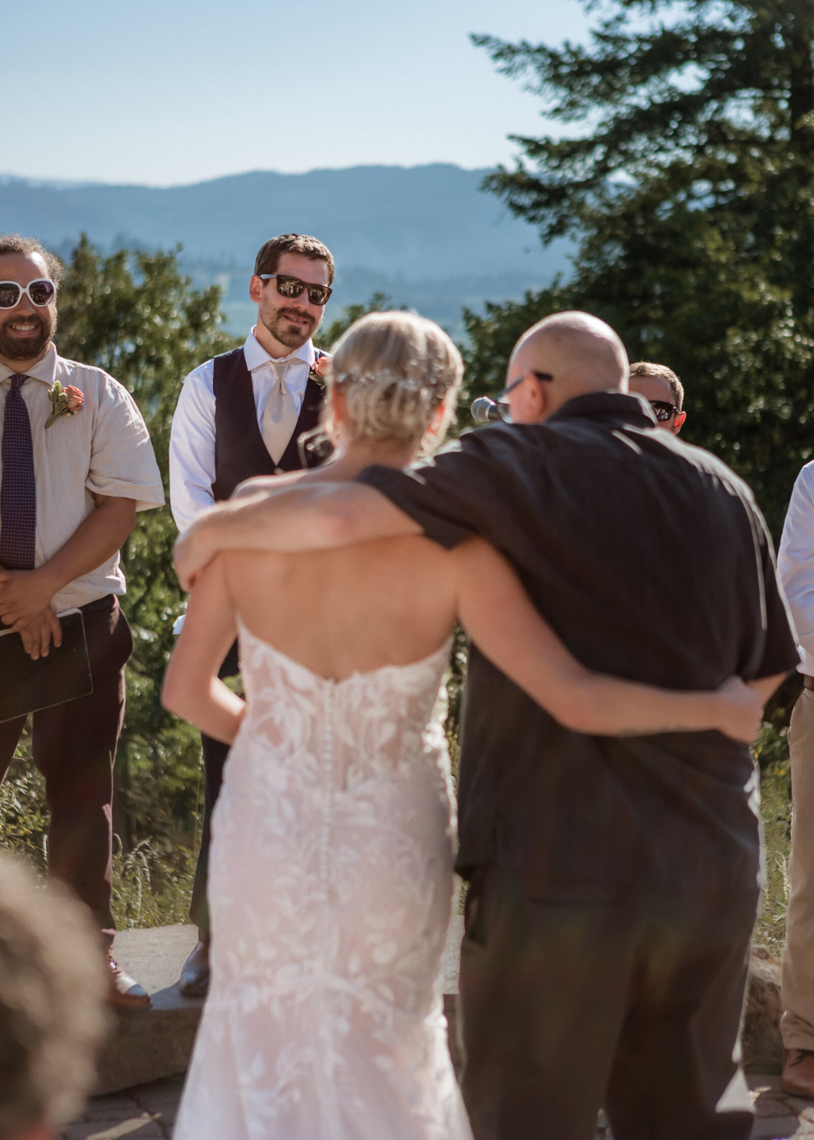 Grooms first look at The Crag Rat Hut in Hood River, Oregon.