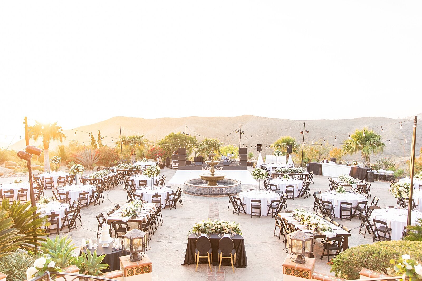 Black and white wedding reception at Hummingbird Ranch Estate in Los Angeles, California.