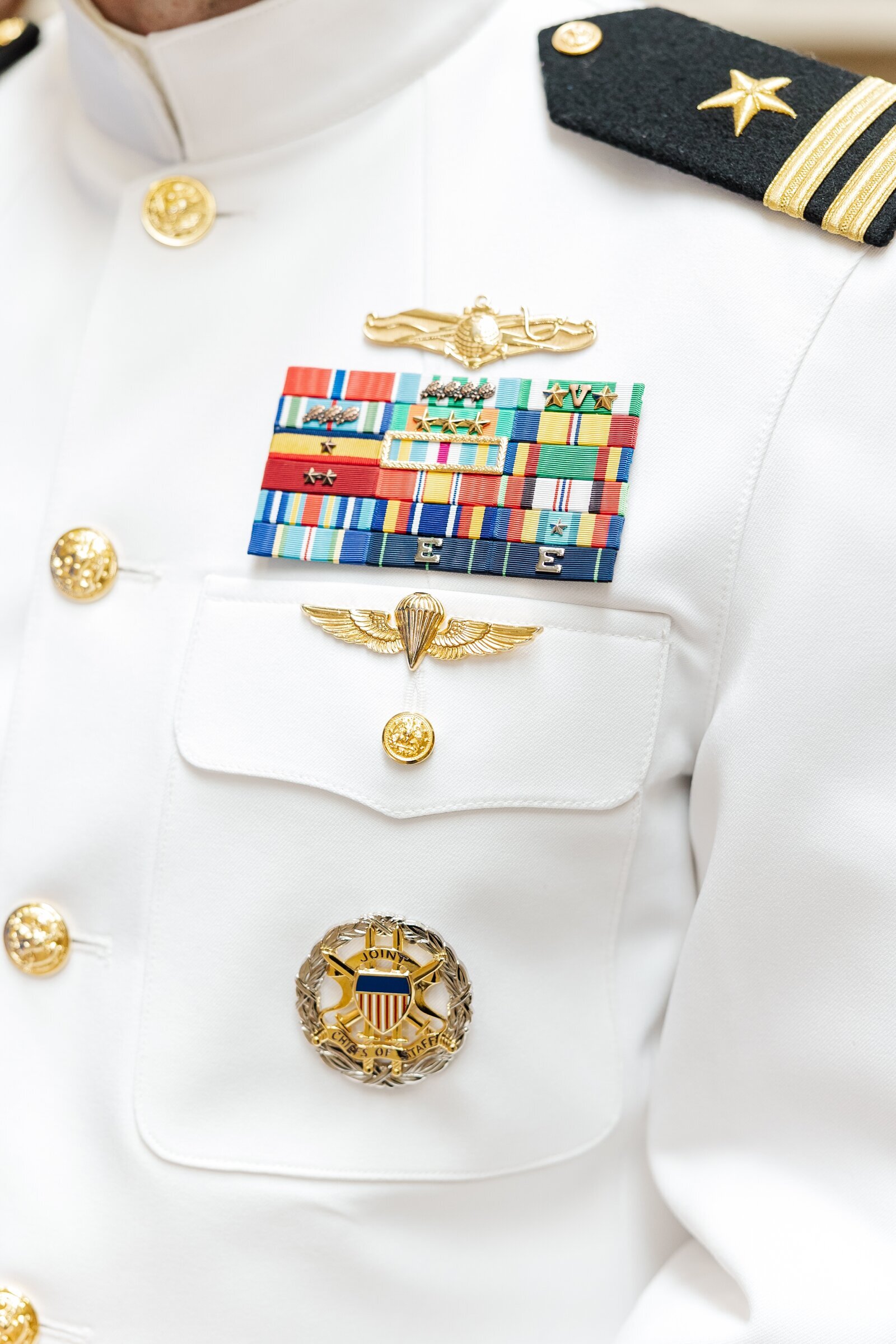 Close up of a Navy uniform at a retirement ceremony