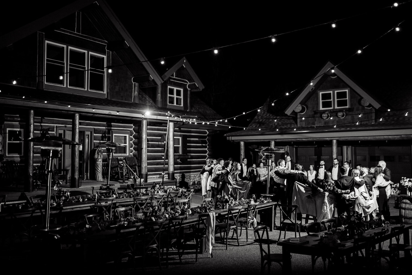 black and white photo of the late night wedding party