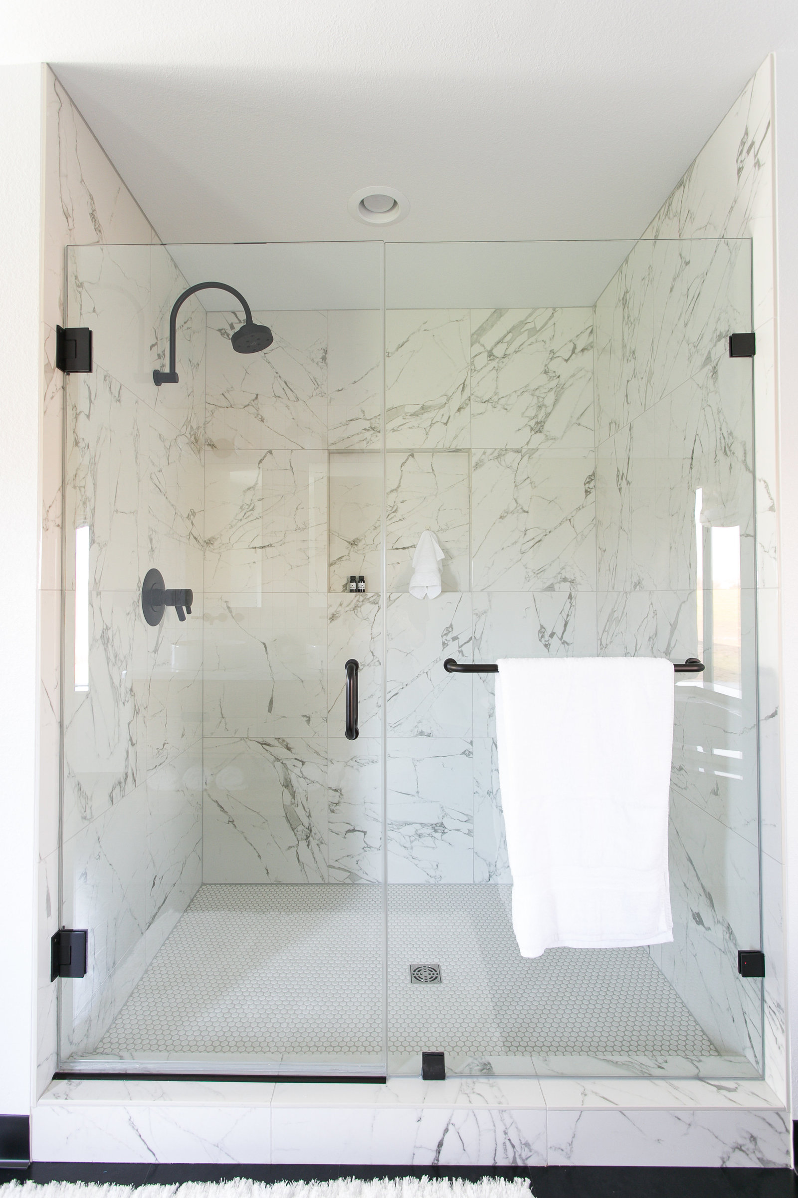 Modern BnB Master Bath design with penny round tile shower detail.