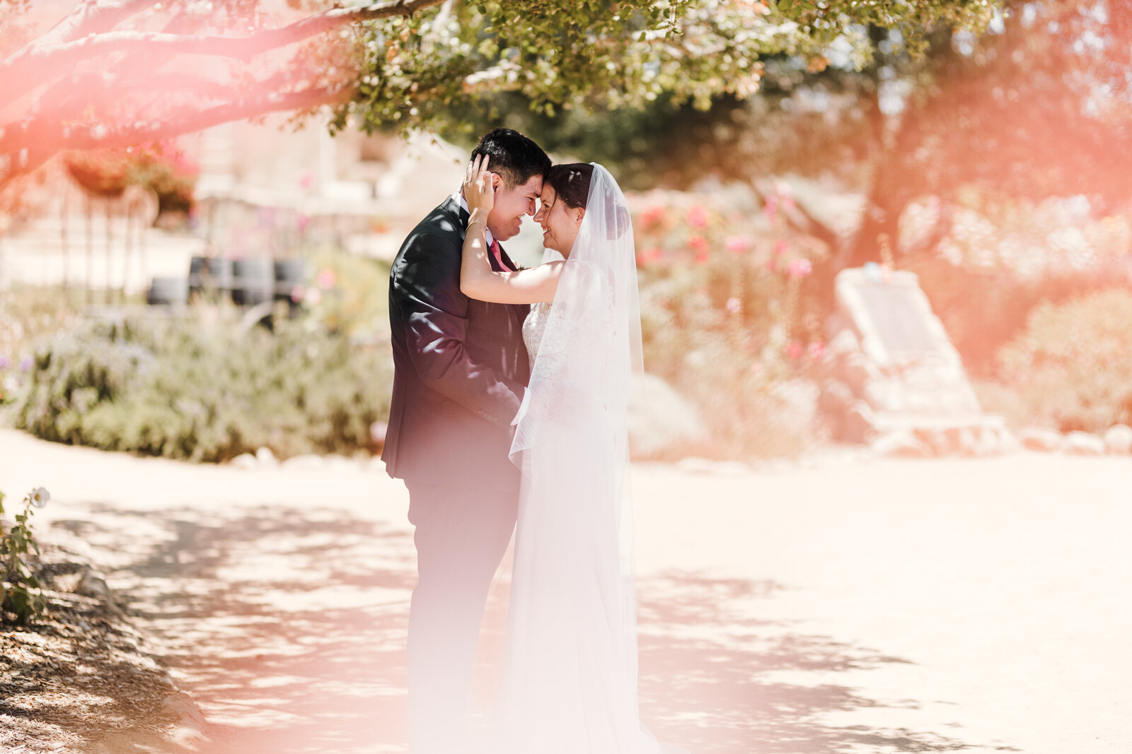 Newlyweds share an intimate moment at San Juan Capistrano Mission