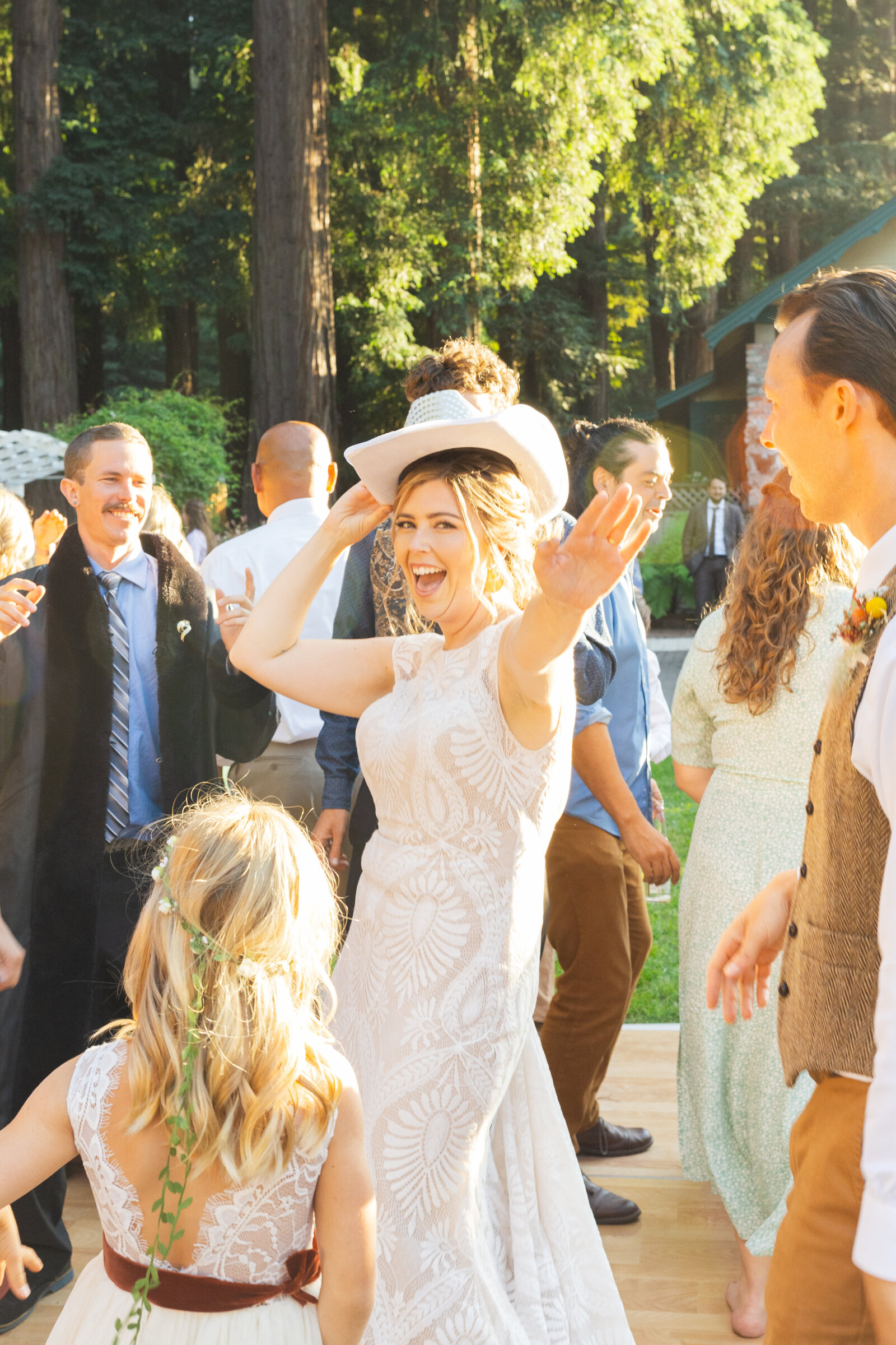 Colorful wedding reception in Santa Cruz, California in the redwood trees.