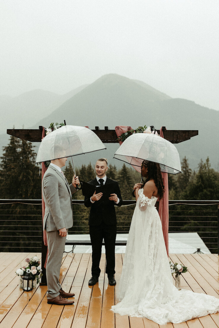 Couple standing in the rain during their ceremony