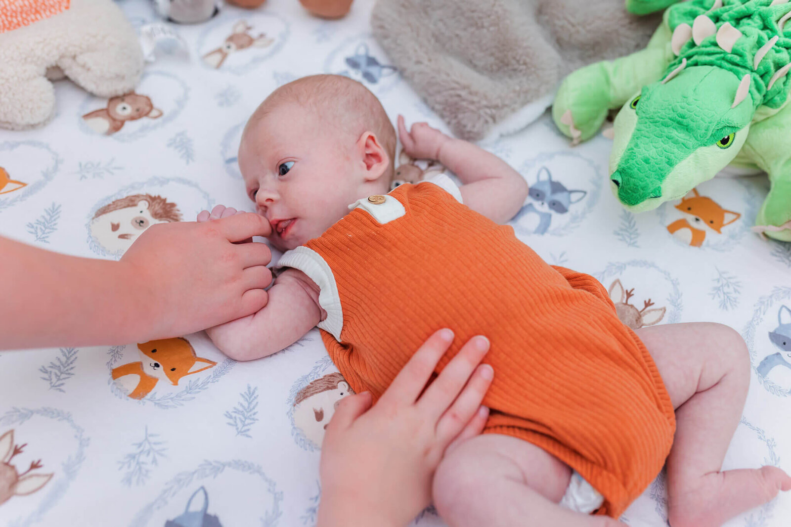 A Fairfax County newborn laying in his crib with his siblings gently patting him.