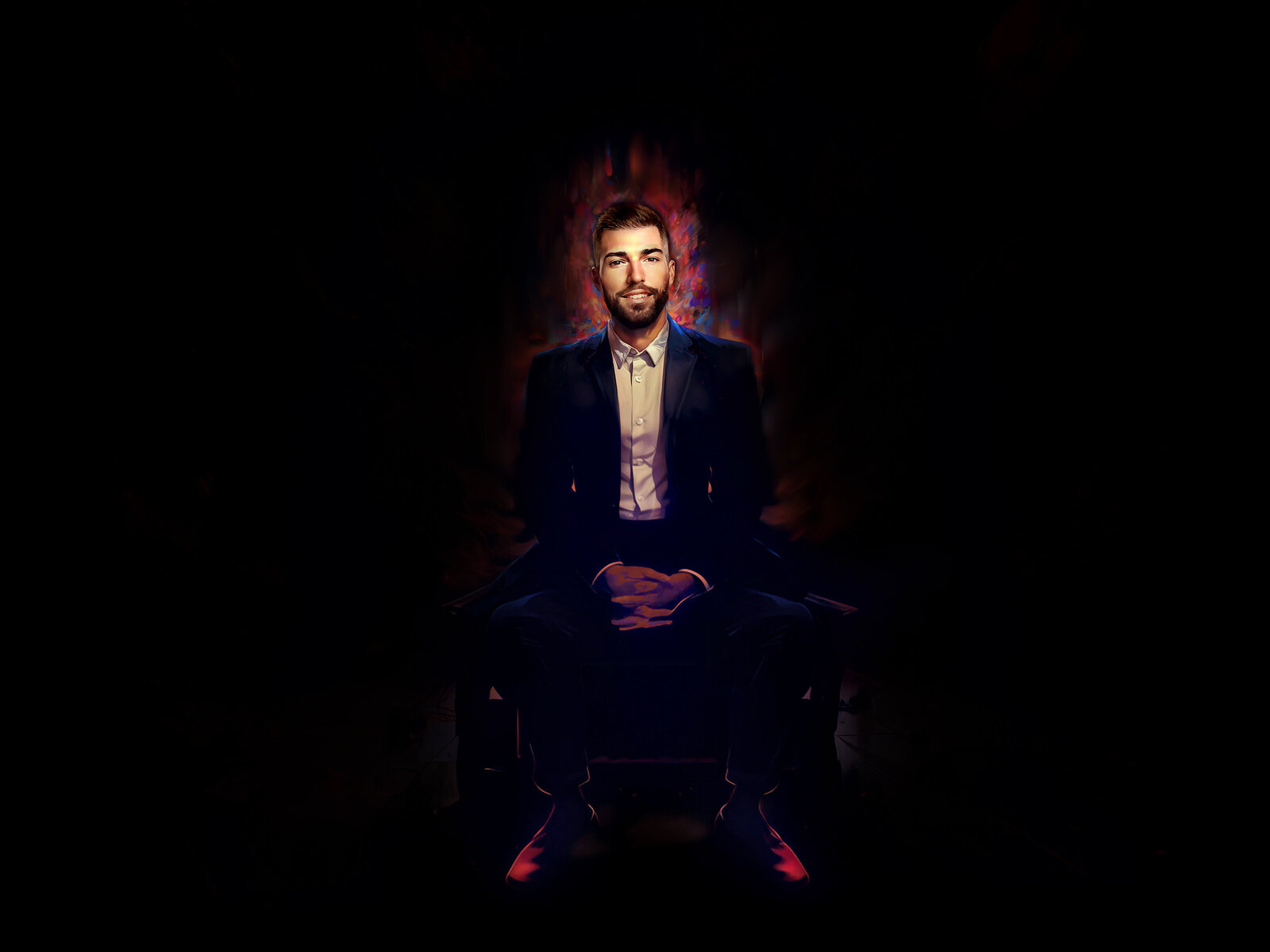AI picture of Nick pezzopane in a suite sitting in a chair.