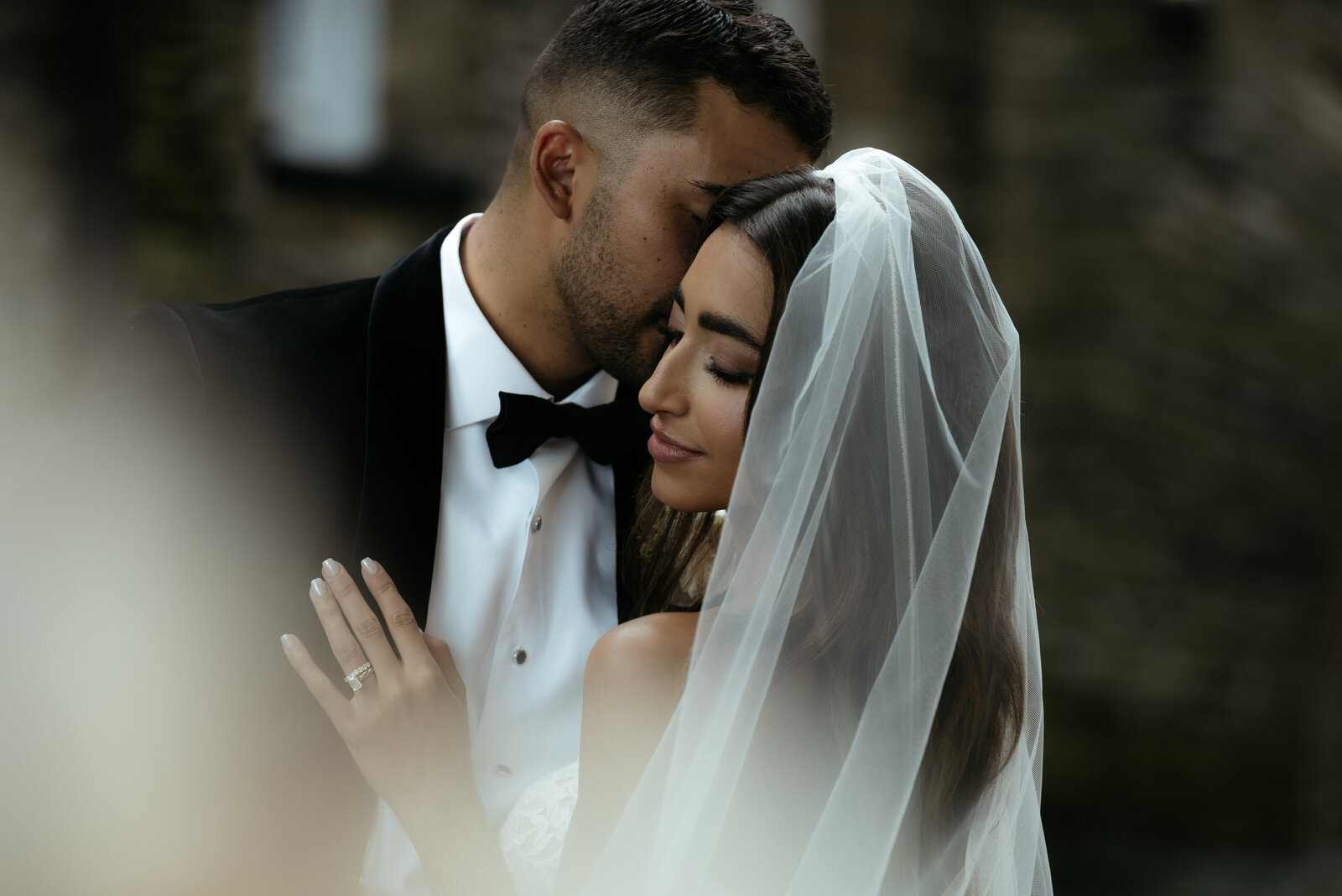 Bride and Groom sharing an intimate moment after wedding ceremony at Longue Vue Club in Allegheny County.