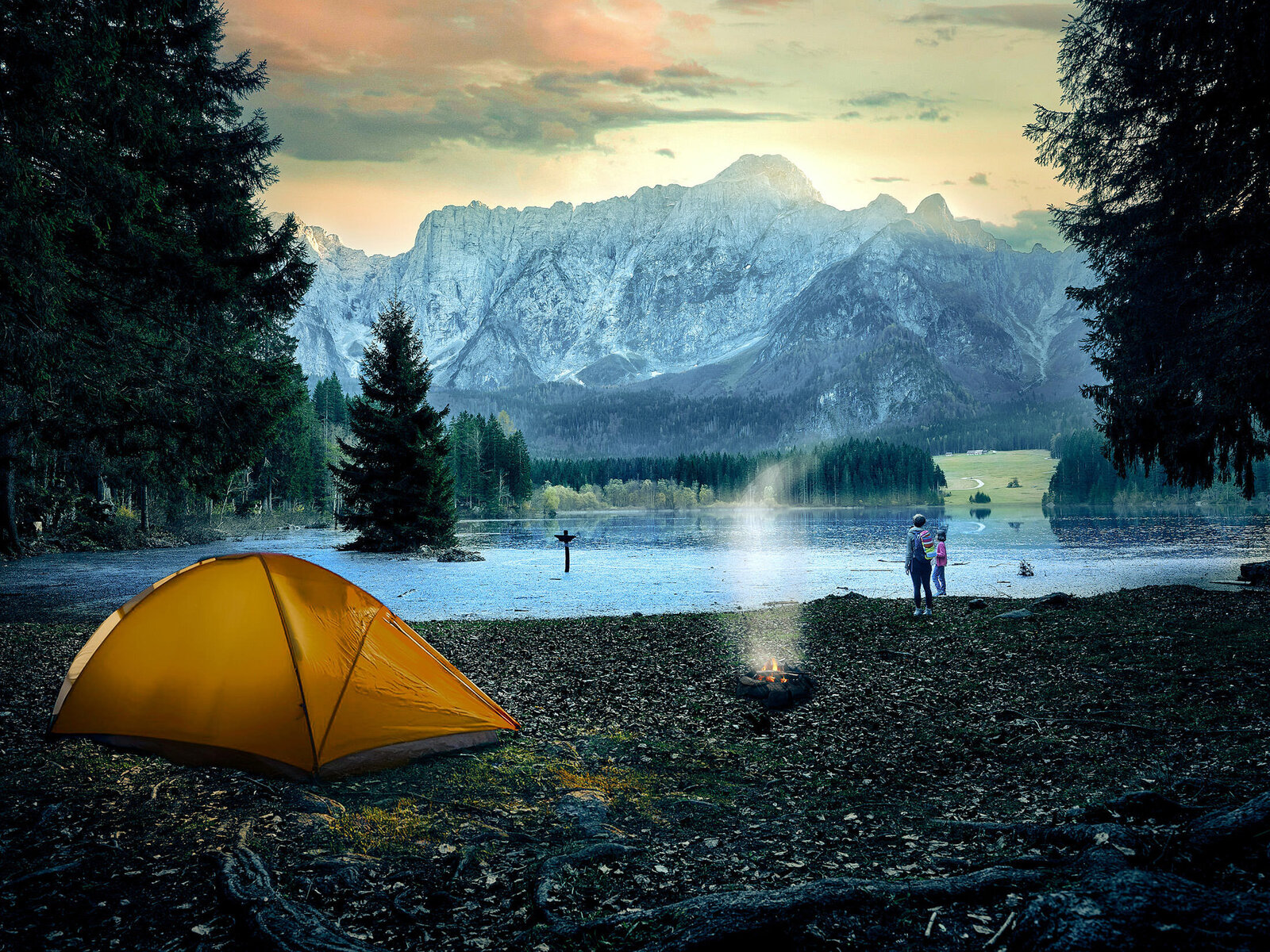 Stimmungsvolle KI-Fotomontage einer Camping-Szene vor alpiner Kulisse – ideal für Marken, die Emotion, Naturverbundenheit und visuelle Tiefe suchen