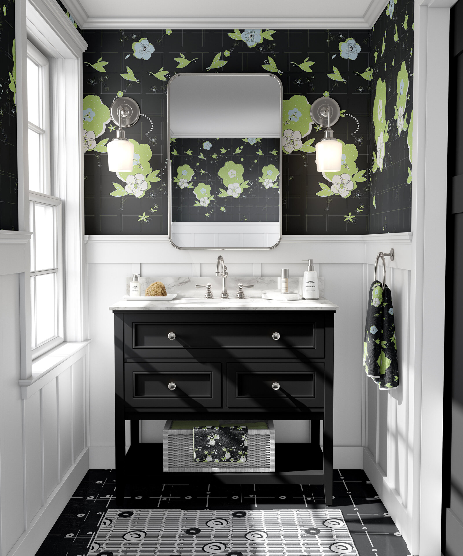 green, white, and black floral wallpaper in black and white bathroom