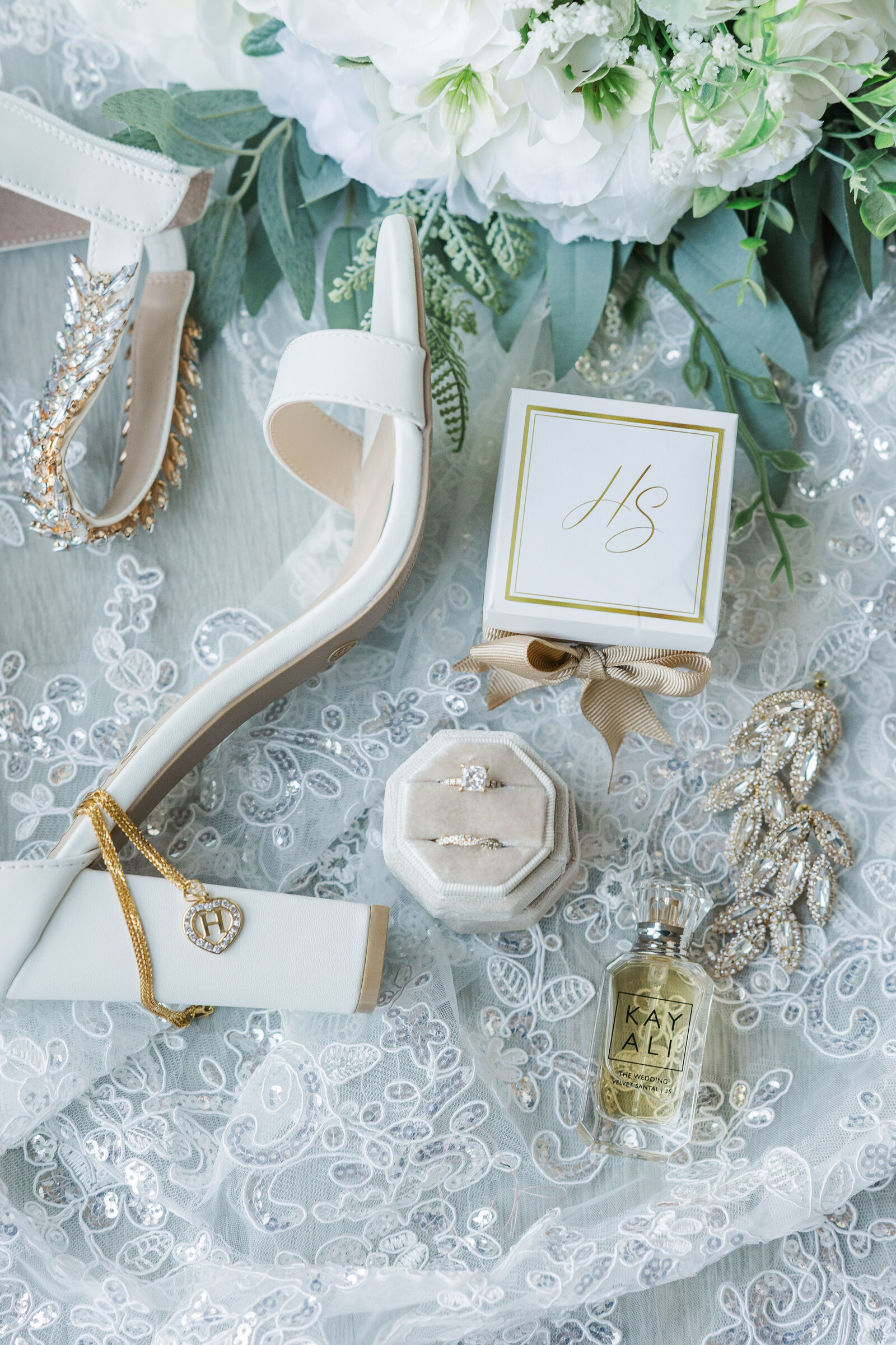 Wedding bridal accessories flat lay